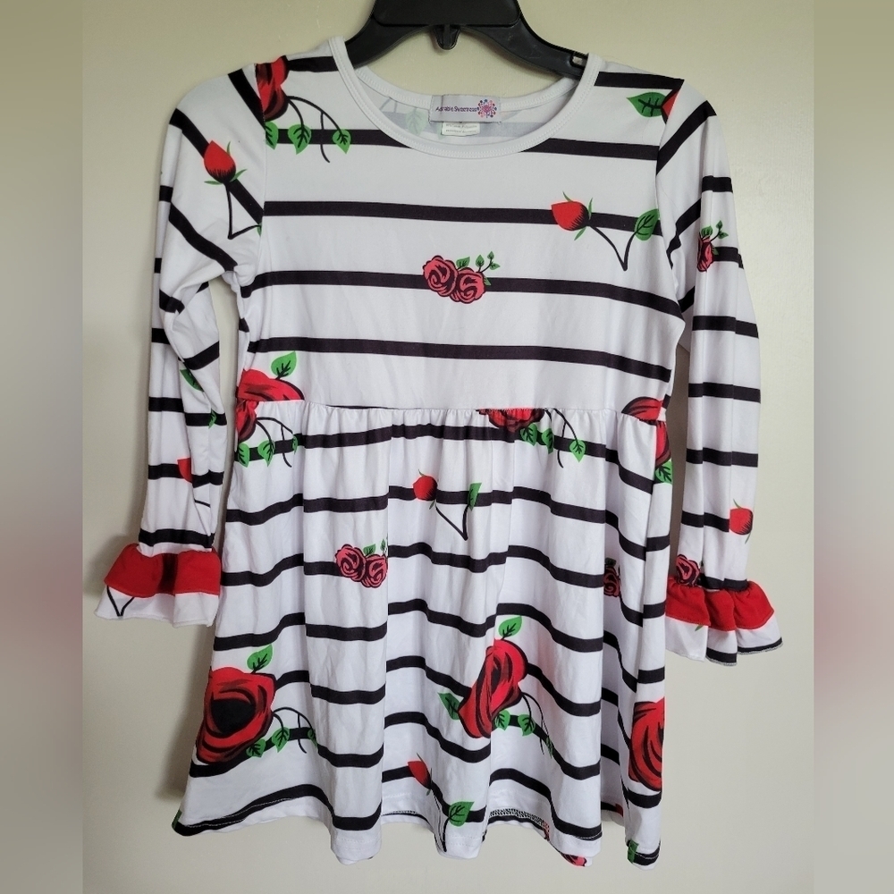 Adorable Sweetness Girls Striped Floral Rose Long Sleeve Babydoll Top Size 8